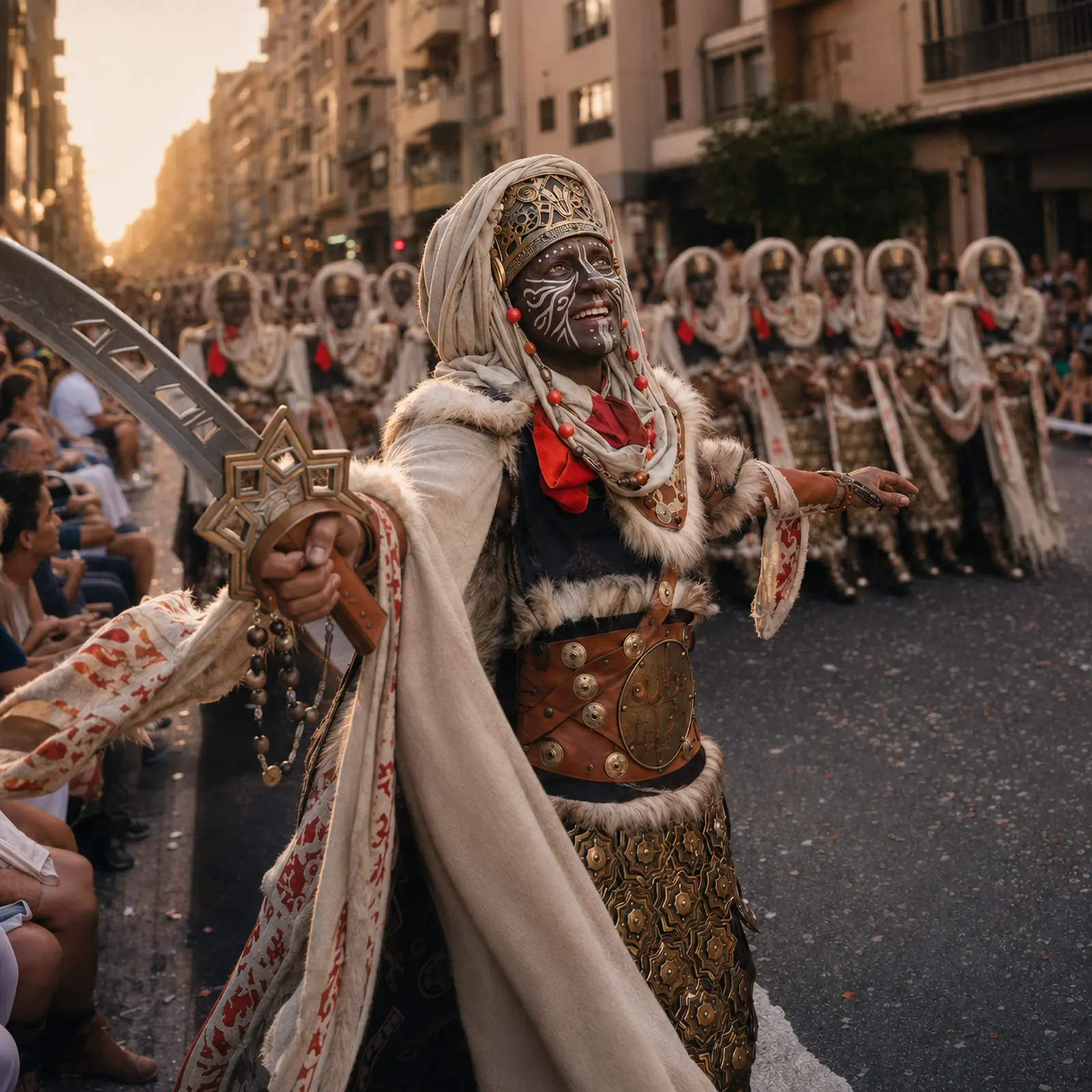 Un hombre vestido de moro con el rostro pintado y una cimitarra en la mano desfila sonriente por una calle durante las fiestas de Moros y Cristianos.
